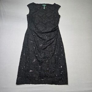 Lauren Ralph Lauren Black Lace Sequin Dress Sheath Cocktail Slip On Size 12